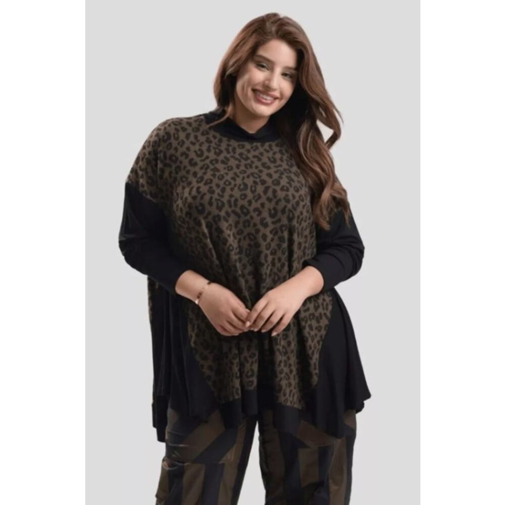 Alembika Chiu Oversized Cheetah Mock Neck Top Women XL Brown